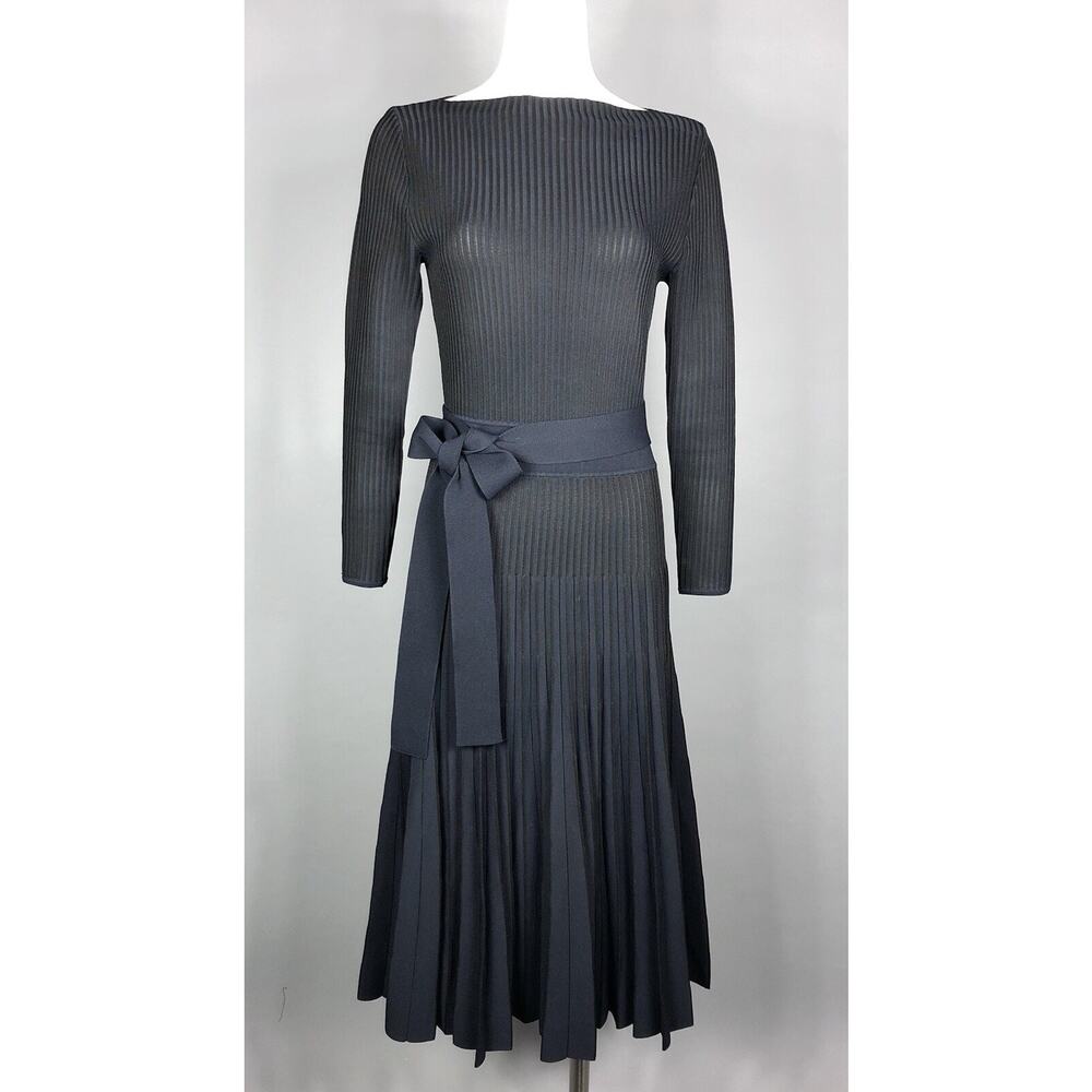 The Fold London Ribbed Pleated Heavy Knit Midi Dress S Navy Black Pullover Flare